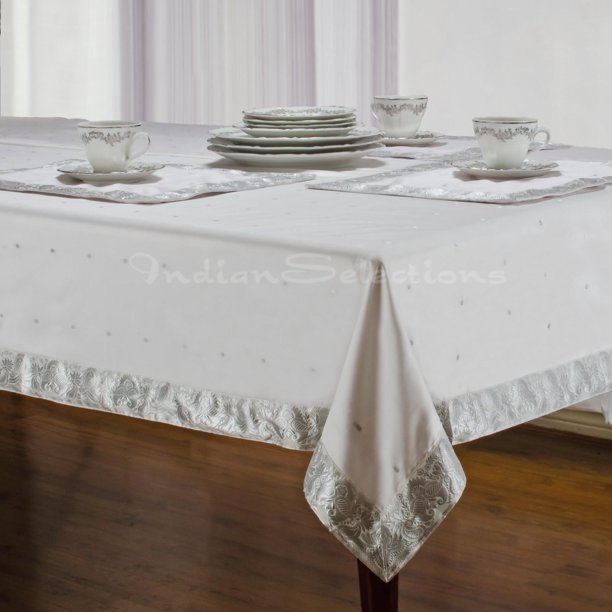 White Silver Handmade Sari Tablecloth (India)