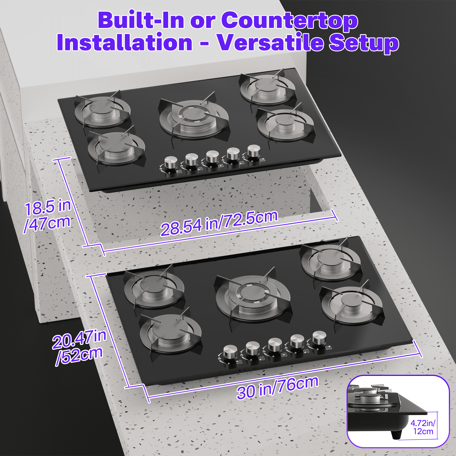 Graceall Kitchen Gas Stove Top with 5 Burners,Built-in Tempered Glass Gas Cooktop, LPG/NG Propane Stove Top For Cooking,NG/LPG Convertible,Thermocouple Protection,35900BTU