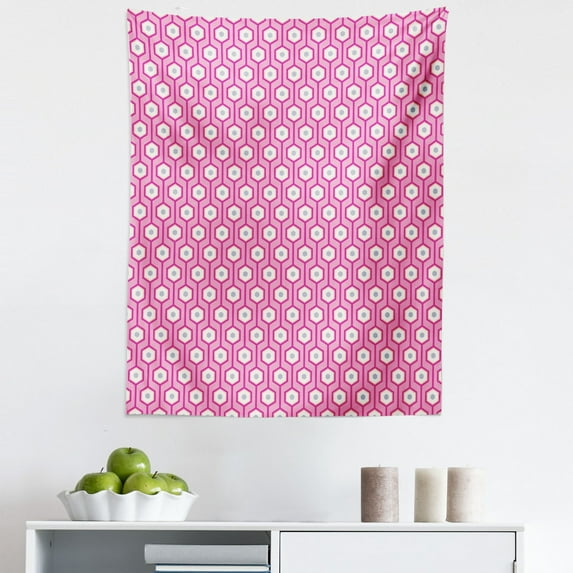 Pink Tapestry, Vertical Hexagonal Shapes with Dots Inside Tied with Lines Geometric Vibrant, Fabric Wall Hanging Decor for Bedroom Living Room Dorm, 5 Sizes, Pale Blue White Pink, by Ambesonne