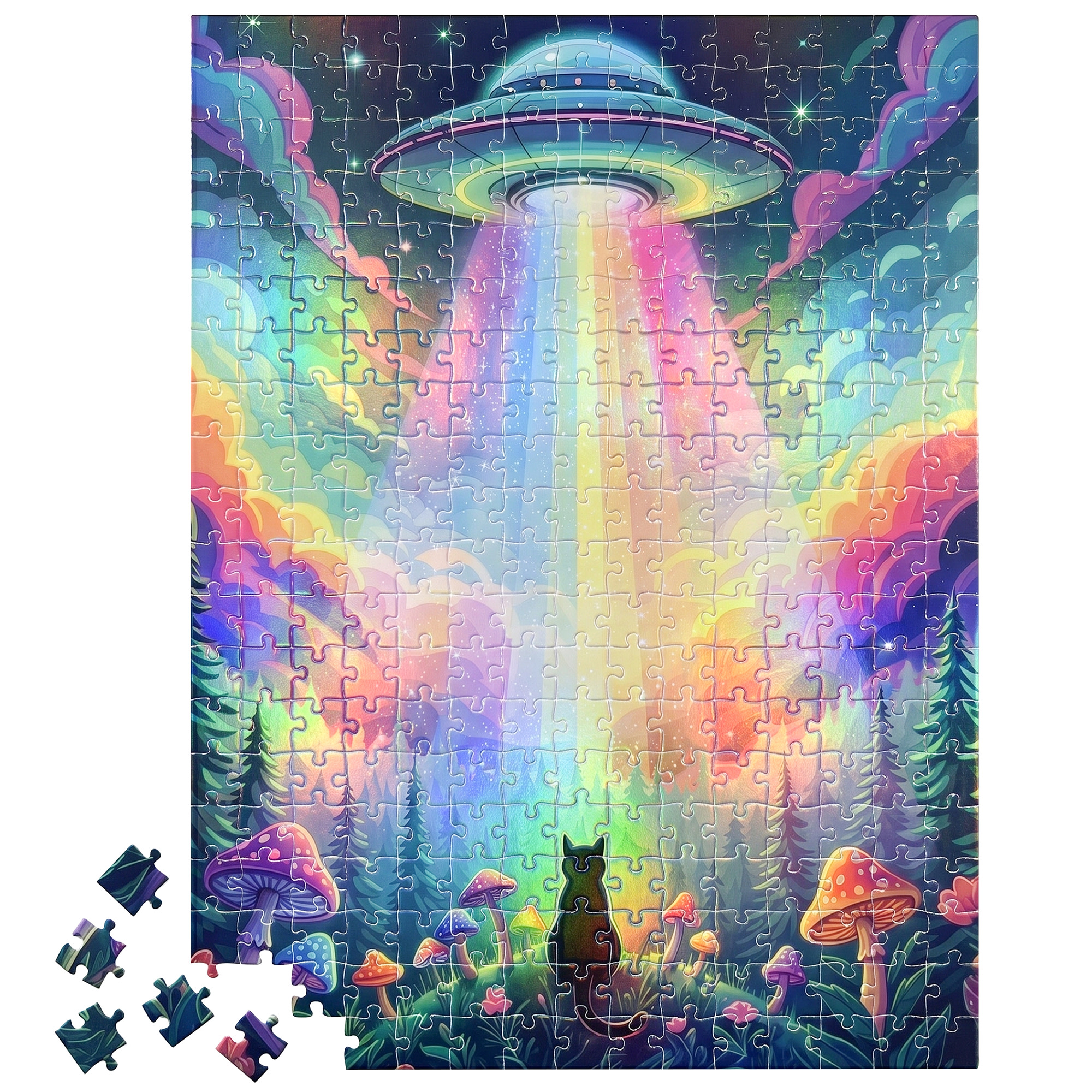 Vivid by Brea Reese: 300 Piece Puzzle - UFO Cat - Beam Me Up Spaceship Landscape Scene Jigsaw, Holographic Foil, Soft-Touch, Image Reference Poster