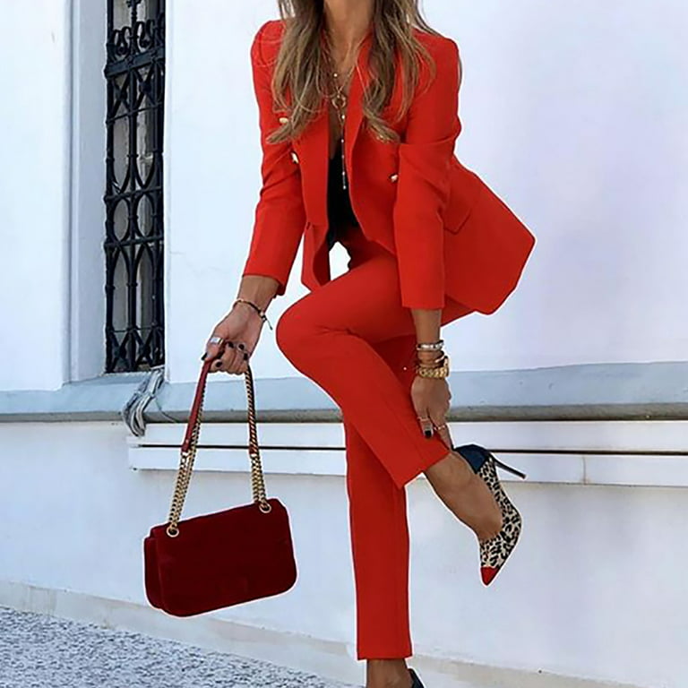 YWDJ Two Piece Outfits for Women Long Sleeve Solid Suit Pants Casual  Elegant Business Suit Sets Red XL