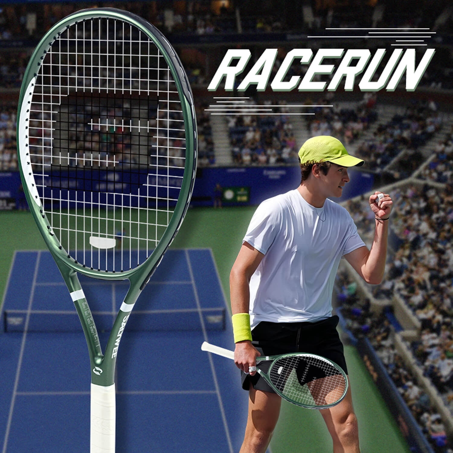SALYWEE RaceRun Composite Carbon Fiber Adult Tennis Racket, 300±10g (Strung), 50-60LBS, Dark Green Frosted Frame, Beginner Training