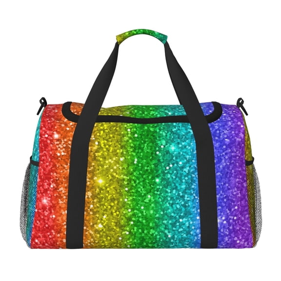 Kuqiui Glitter Rainbow Print Foldable Travel Duffel Bag Tote Carry on Luggage Bag Personal item Sports Gym Bag Water Resistant Weekender Overnight Bags for Women and Men