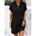 thumbnail image 4 of Summer Dresses for Women 2025 Casual Button V Neck Short Sleeve Tunics A Line Ribbed Mini T Shirt Dress Black XXL, 4 of 7