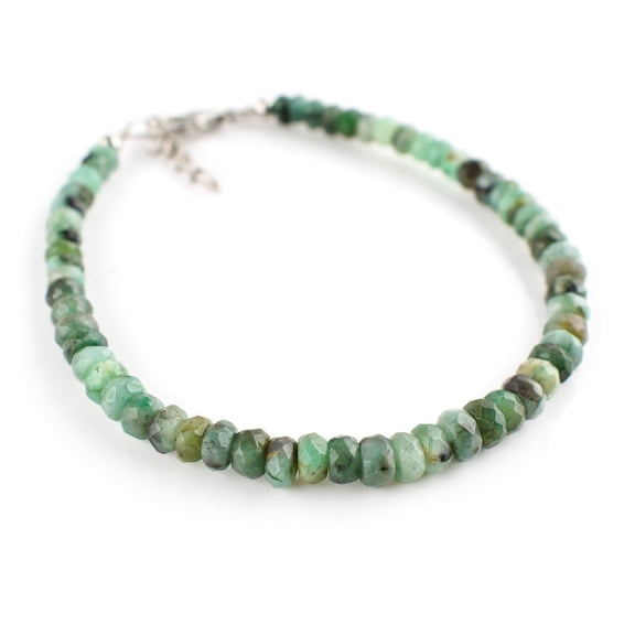 QNAVIC Natural Emerald Beaded Stones Bangle Bracelet for Women, Crystals and Healing Stones, Birthstone Jewelry, Rhodium Plated 925 Sterling Silver 8 inch, Birthday Gift for Her