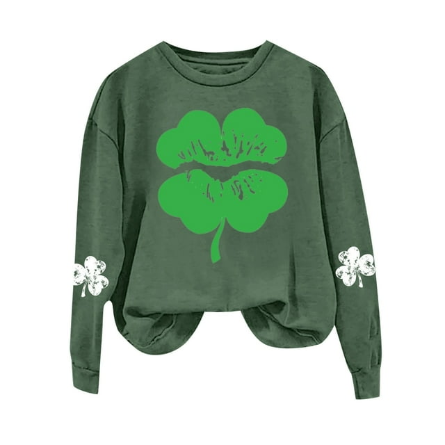 WEAIXIMIUNG Chandails Courts pour Femmes Plus Chandail de Jogging à Manches Longues et Col Rond pour la Saint-Patrick Vert avec Imprimé Graphique de Quatre Feuilles