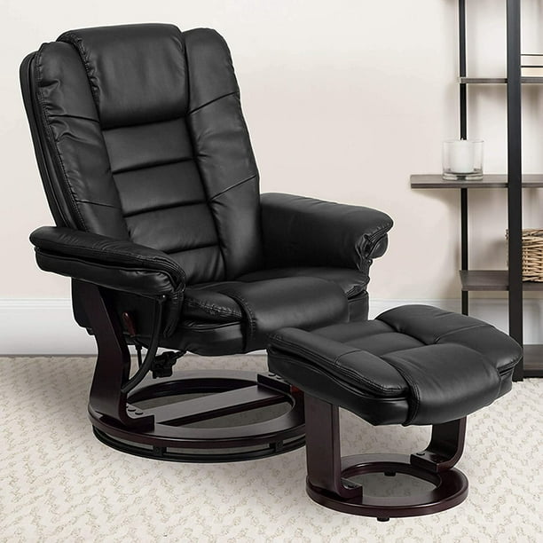 Flash Furniture Contemporary Multi Position Recliner with Horizontal Stitching and Ottoman with Swivel Mahogany Wood Base in Beige LeatherSoft Walmart Business Supplies