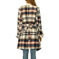 thumbnail image 3 of INSPIRE CHIC Women's Shawl Collar Asymmetrical Hem Belted Plaid Coat XS Brown Blue, 3 of 8