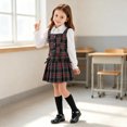 thumbnail image 4 of Girls Preppy Plaid 2‑Piece Outfit Set Puff Long Sleeve Shirt Vest Top Bow Elastic Waist Pleated Skirt Kids Academy Style Clothing for School Performance Daily Wear(White,12-13 Years), 4 of 7