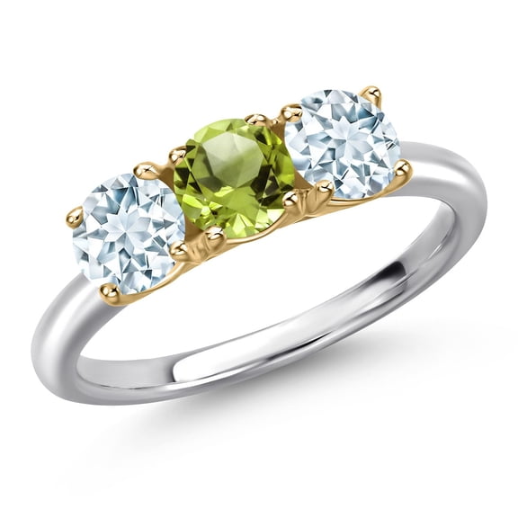 Gem Stone King 925 Silver and 10K Yellow Gold Green Peridot and Sky Blue Aquamarine Engagement Ring for Women | 1.55 Cttw | Round 5MM | Gemstone August Birthstone | Size 9