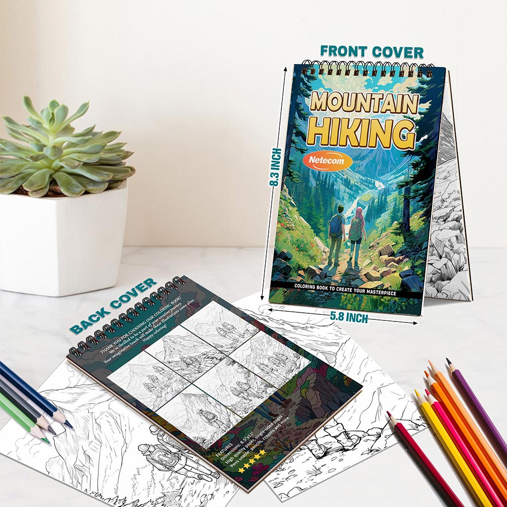Mountain Hiking Coloring Book Spiral Bound For Adults, A5 Wooden Cover, 30 Captivating Coloring Pages of Mountain Hiking Escapes for Stress Relief and Relaxation