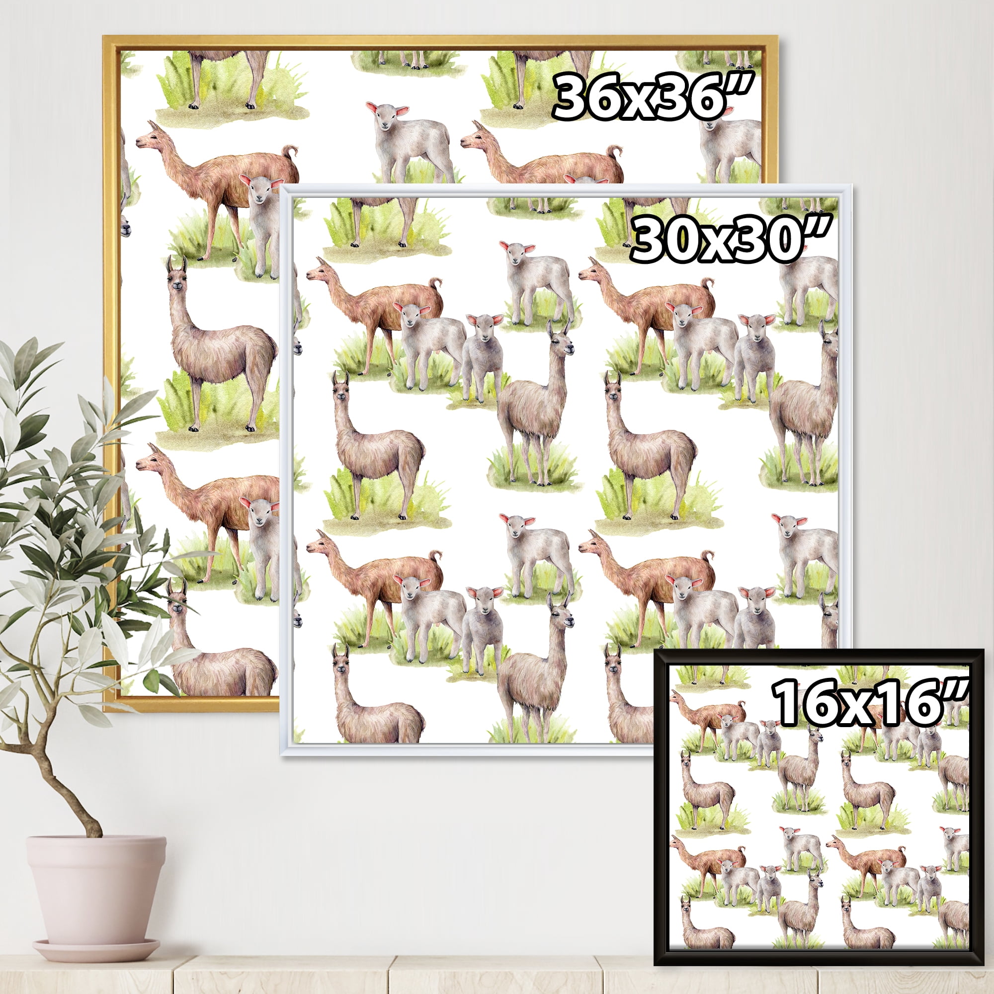 Lambs and Lamas On A Green Meadow 36 in x 36 in Framed Painting Canvas Art Print, by Designart