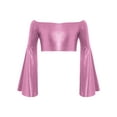 thumbnail image 3 of TTAO Kids Girls Glossy Metallic Bell Sleeve Off Shoulder Jazz Modern Dance Crop Tops Performance Shirt Dancewear Pink 8, 3 of 7