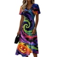 thumbnail image 2 of Women's Halloween Dresses Pumpkin Spider Webeb V Neck Funny Midi Dresses Castle Ghost Short Sleeve Spooky Sundress, L, 2 of 5