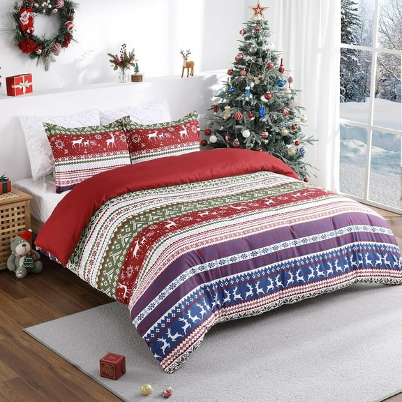 Christmas Duvet Cover Queen Size, Boho Christmas Holiday Reindeer Printed Duvet Cover Set, Soft and Breathable Christmas Decorations Bedding Set (Queen, 90"x90")