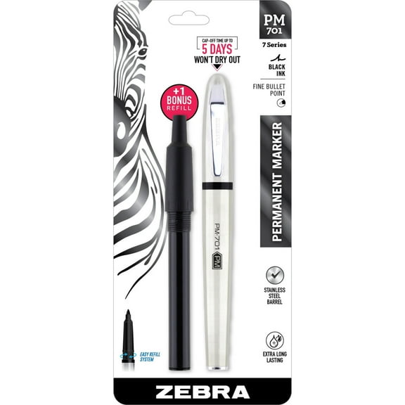 Zebra PM-701 Stainless Steel Permanent Marker, Fine Bullet Tip, Black Ink, 120 Hours Cap Off Time, Refillable, 1-Count, Bonus Refill