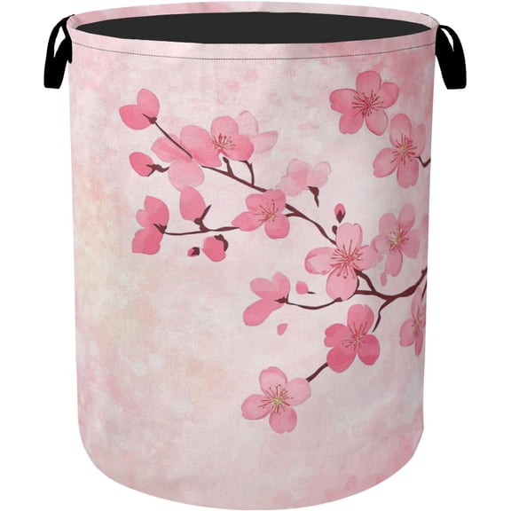 Pink Cherry Blossoms Laundry Basket - Extra Large Foldable Laundry Hamper for Bathroom/Laundry/Bedroom/Dorm, Washable Fabric Storage Bin with Handles