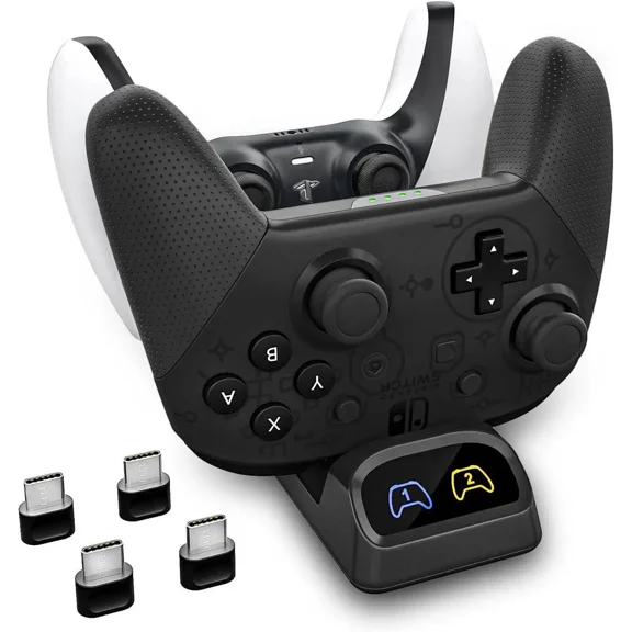 Switch Controller Charger, Fast Charging Dock for Switch Pro Controller, Xbox Series X/S, PS5, and Type-C Gamepads Dual Charger Station with LED Indicators, and Type-C Adapter