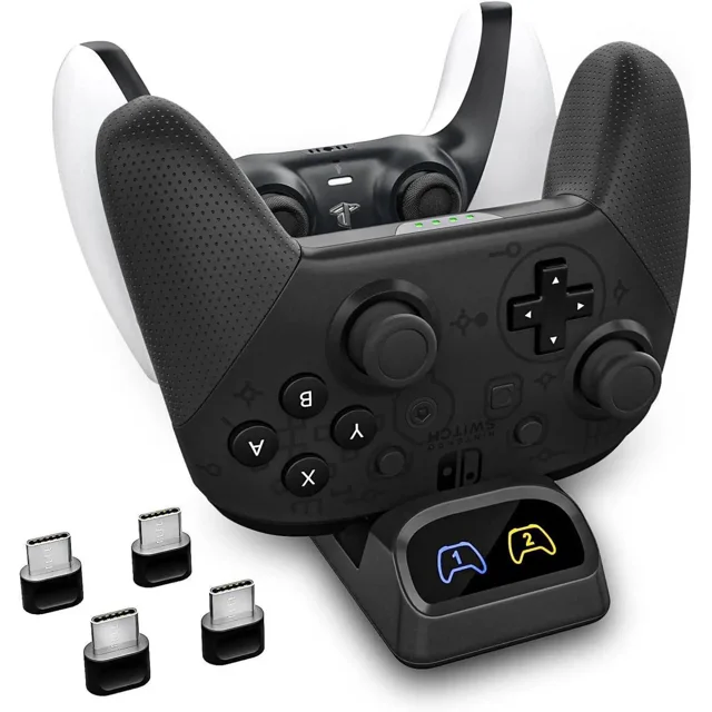 Switch Controller Charger, Fast Charging Dock for Switch Pro Controller, Xbox Series X/S, PS5, and Type-C Gamepads Dual Charger Station with LED Indicators, and Type-C Adapter