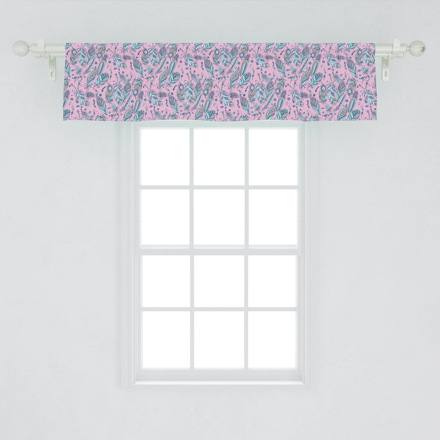 Bohemian Window Valance, Beads and Feathers Illustrated in Pastel Tones