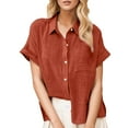thumbnail image 2 of Summer Polyester Short Sleeve Dress Shirts for Women Red Workwear Work New Ladies Loose Blouses Cotton And Lapel Rolled Button Shirt Tee L, 2 of 5