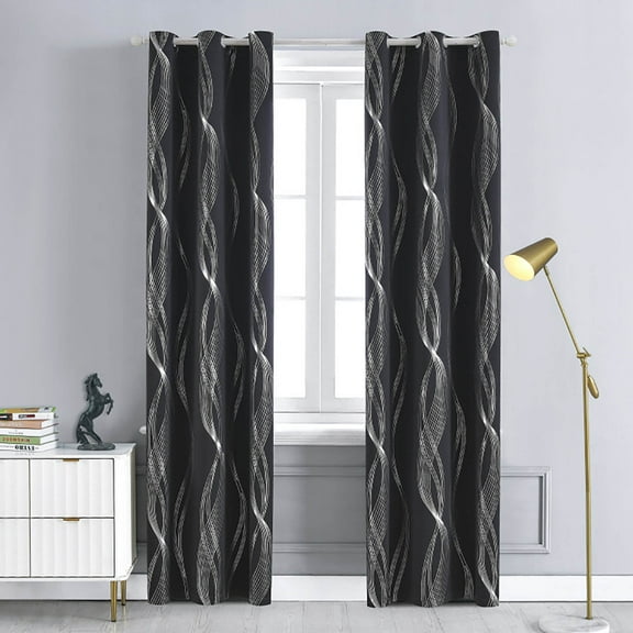 HBBKVI Wavy Line Curtains 52" × 63", Grommet Thermal Insulated Blackout Curtains for Living Room Bedroom, Noise Reduction Curtain Panels Black