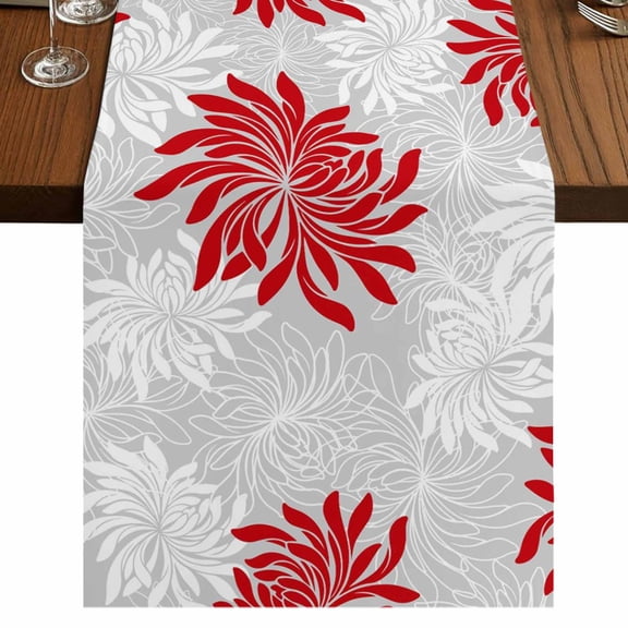 Red Grey Flowers Burlap Cotton Table Runner 13x72 Inches Long, Modern Abstract Blooms Floral Farmhouse Table Runners, Outdoor Dining Tablecloths Decor for Baby Shower/Party/Wedding