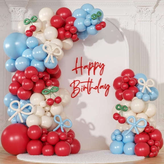 Cherry Red and Blue Balloon Garland Arch Kit,150pcs Bow Light Mist Blue Red White Balloons Arch Kit for Cherry Birthday Baby Shower Wedding Galentine's Bridal Shower Party Decorations