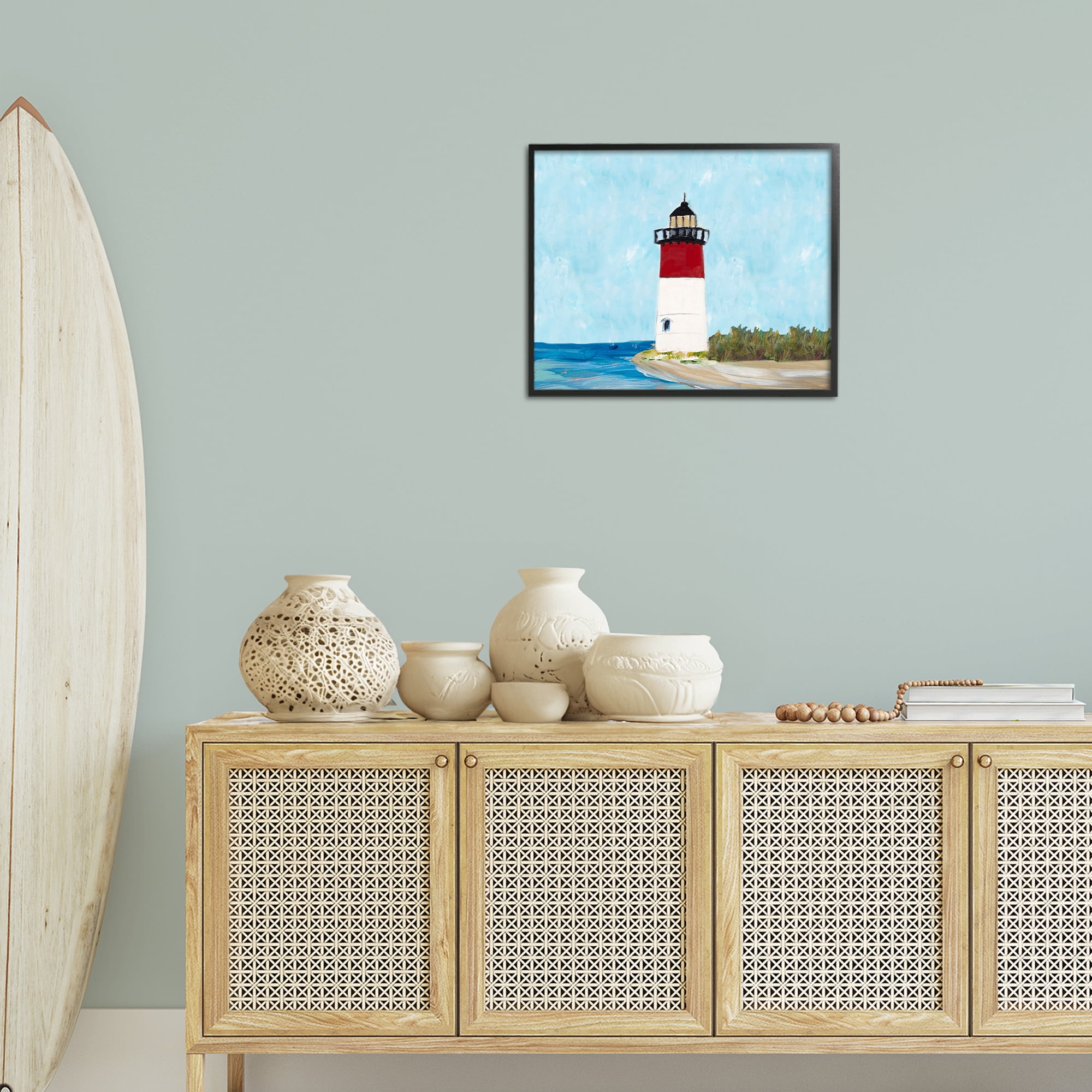 Stupell Industries Coastal Lighthouse on Blue Coastal Painting Black Framed Art Print Wall Art, 20 x 16