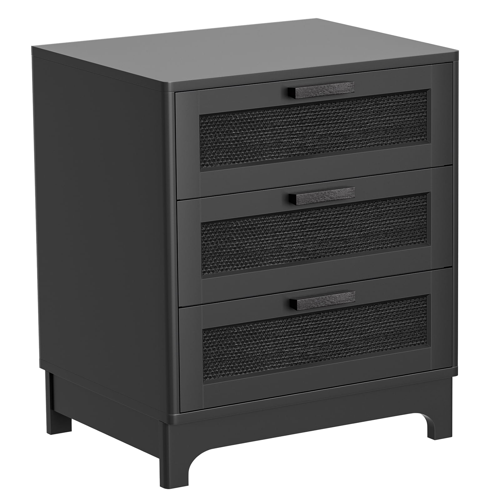 Eumyviv Tall Bedside Nightstand with 3 Drawers, Rattan Wood, Black