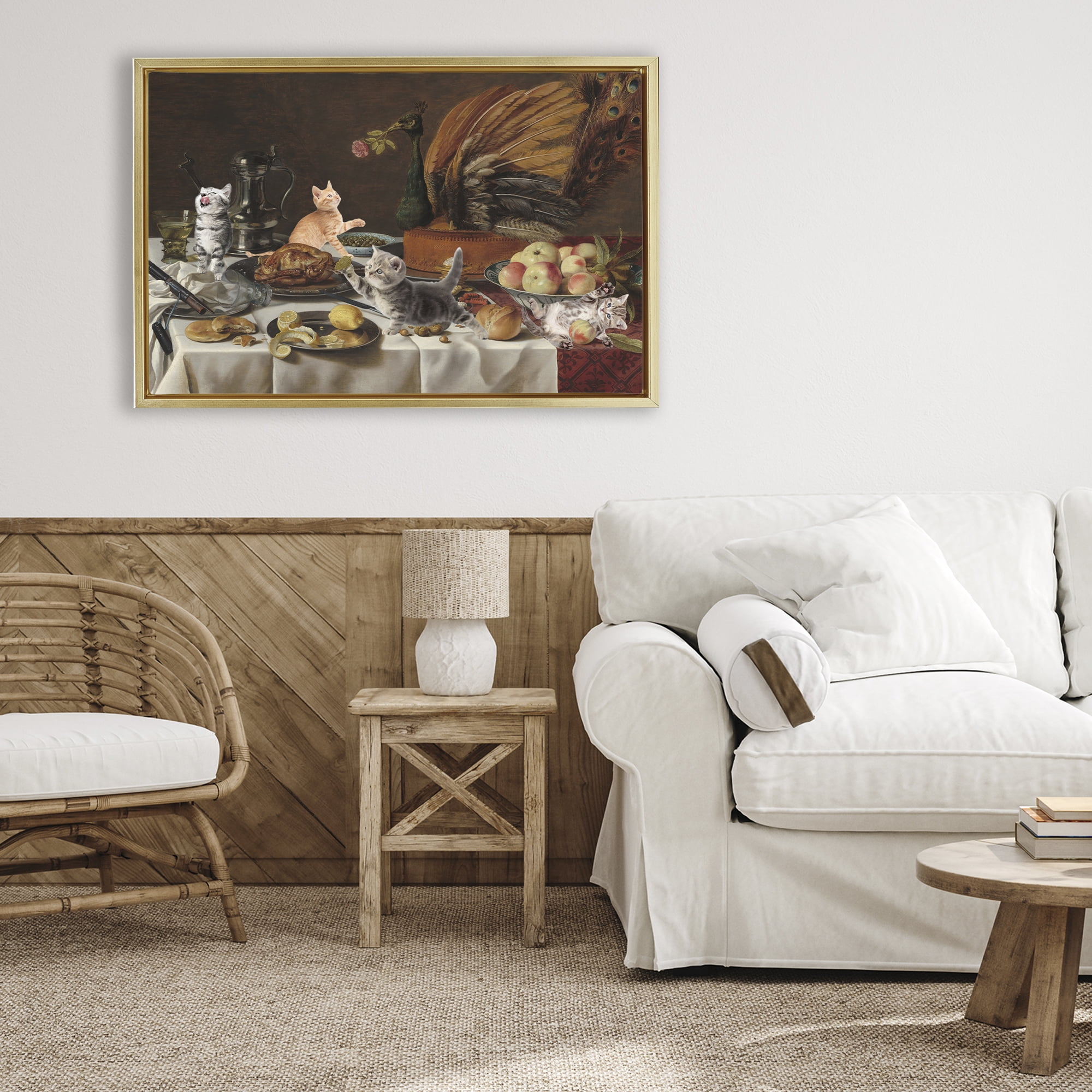Kittens on Still Life Feast Gold Framed Floater Canvas Wall Art, design by Masters Redux