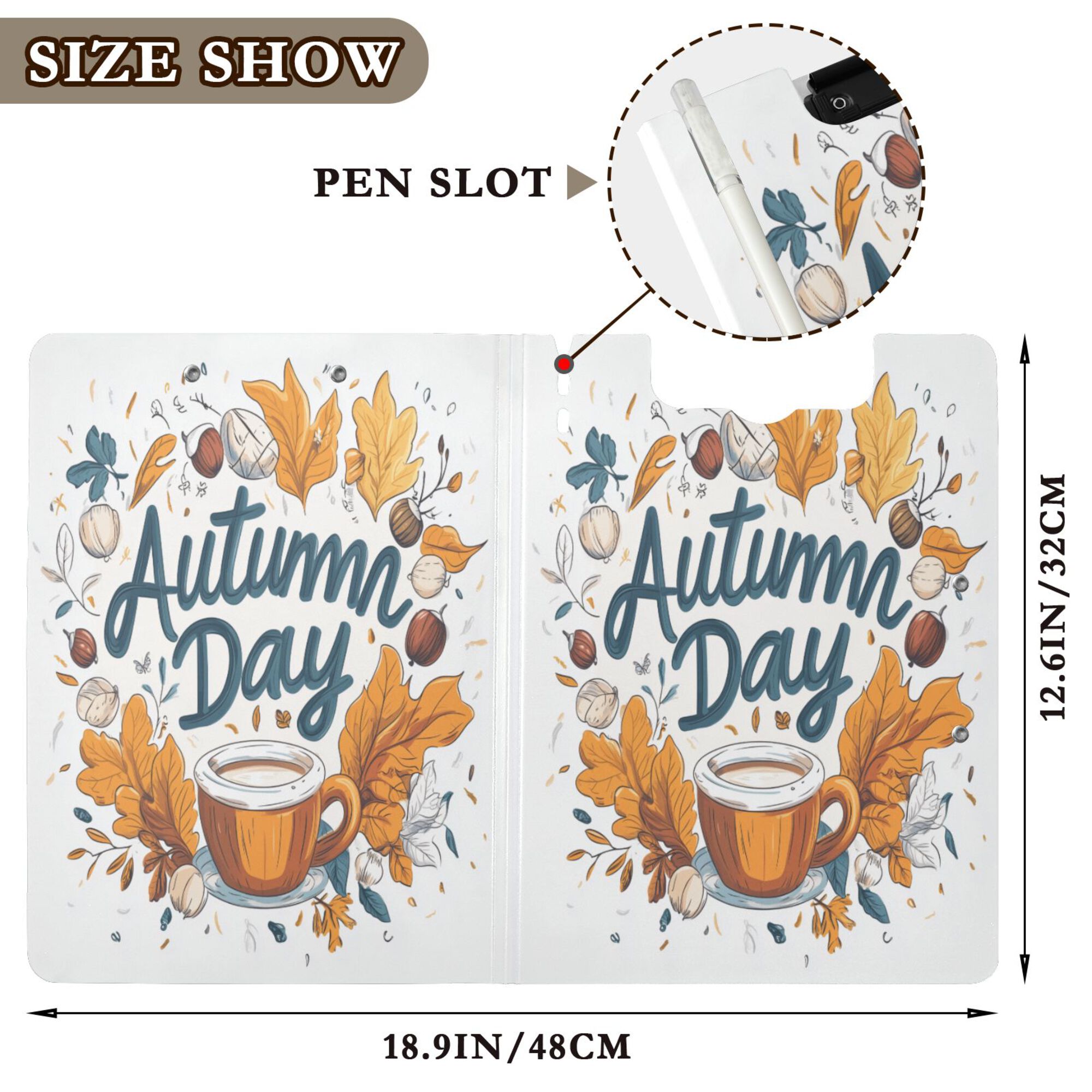 FORMRS A4 Clipboard Folder with Pen Holder Horizontal Foldable School Office Binder, Autumn Day with Cocoa Pattern