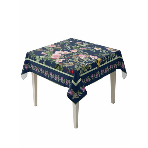 Navy Blue Flowers Suqare Tablecloth - 54 x 54 Inch, Spring Floral Elegant Pastoral Botanical Waterproof & StainResistant Tablecloth, Washable Oil-proof Table Cover for Dining/Party/Wedding/Buffet