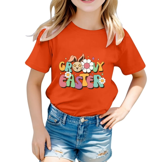 PMVFHDE Hauts Mignons pour Filles, T-shirt Graphique pour Filles, T-Shirts d'Été pour Filles, T-Shirts Originaux pour Filles, T-Shirts Graphiques Mignons de Pâques pour Enfants, Col Rond, Manches Courtes, T-shirt Décontracté d'Été Orange, 3-4 Ans