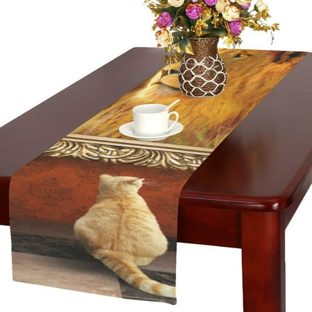 

MYPOP Cat Looking at a Portrait of a Lion Cotton Linen Table Runner 16x72 inches