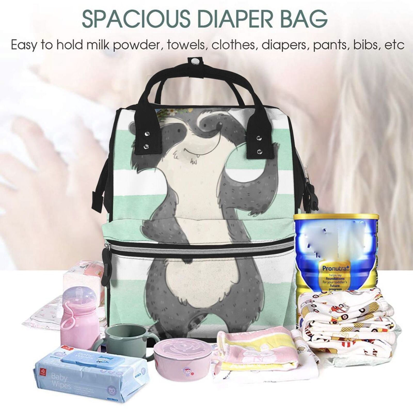 Ratiio Cute Raccoon Mummy Backpack - Waterproof Twill Canvas, Large Capacity Diaper Bag with Multiple Pockets and Adjustable Straps