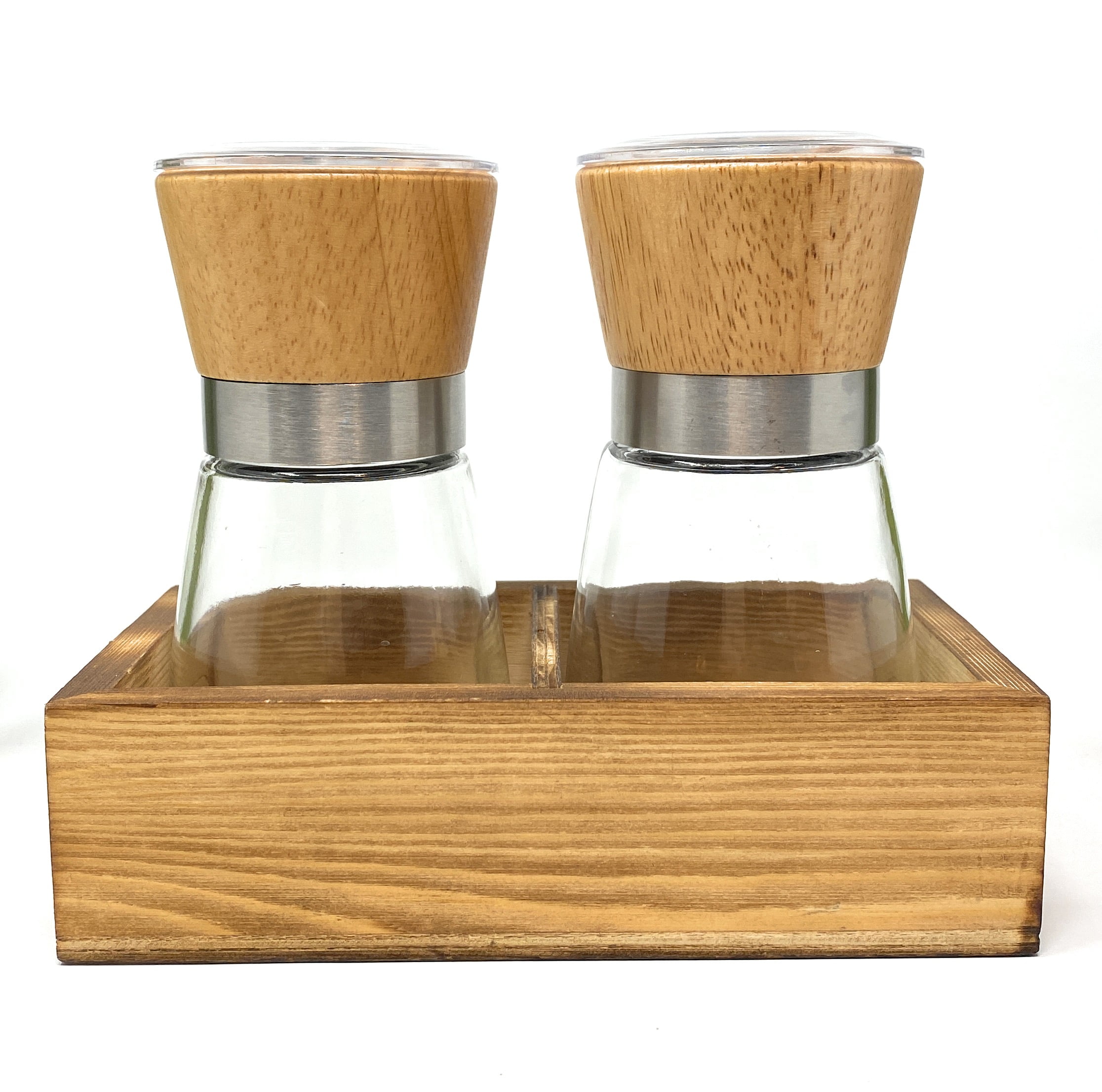 CB Accessories Salt and Pepper Grinder Set with Wood Tray, Manual Sea Salt, Peppercorn & Spice Mill, Clear/Beige