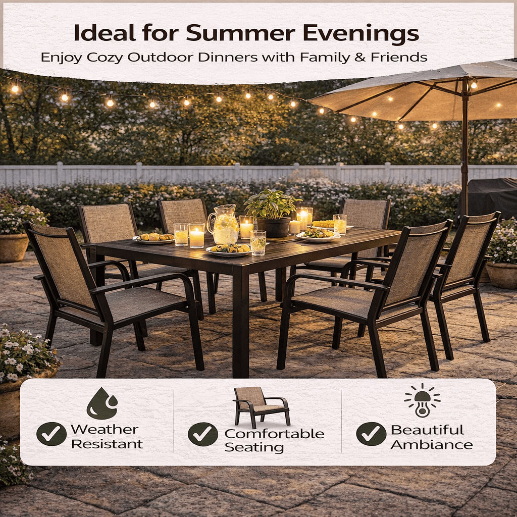 Enyopro 7 Pieces Patio Dining Set, Outdoor Furniture with Rectangular Table & 6 Stackable Textilene Chairs, Weatherproof Steel Frame for Garden Backyard Deck Porch, Brown