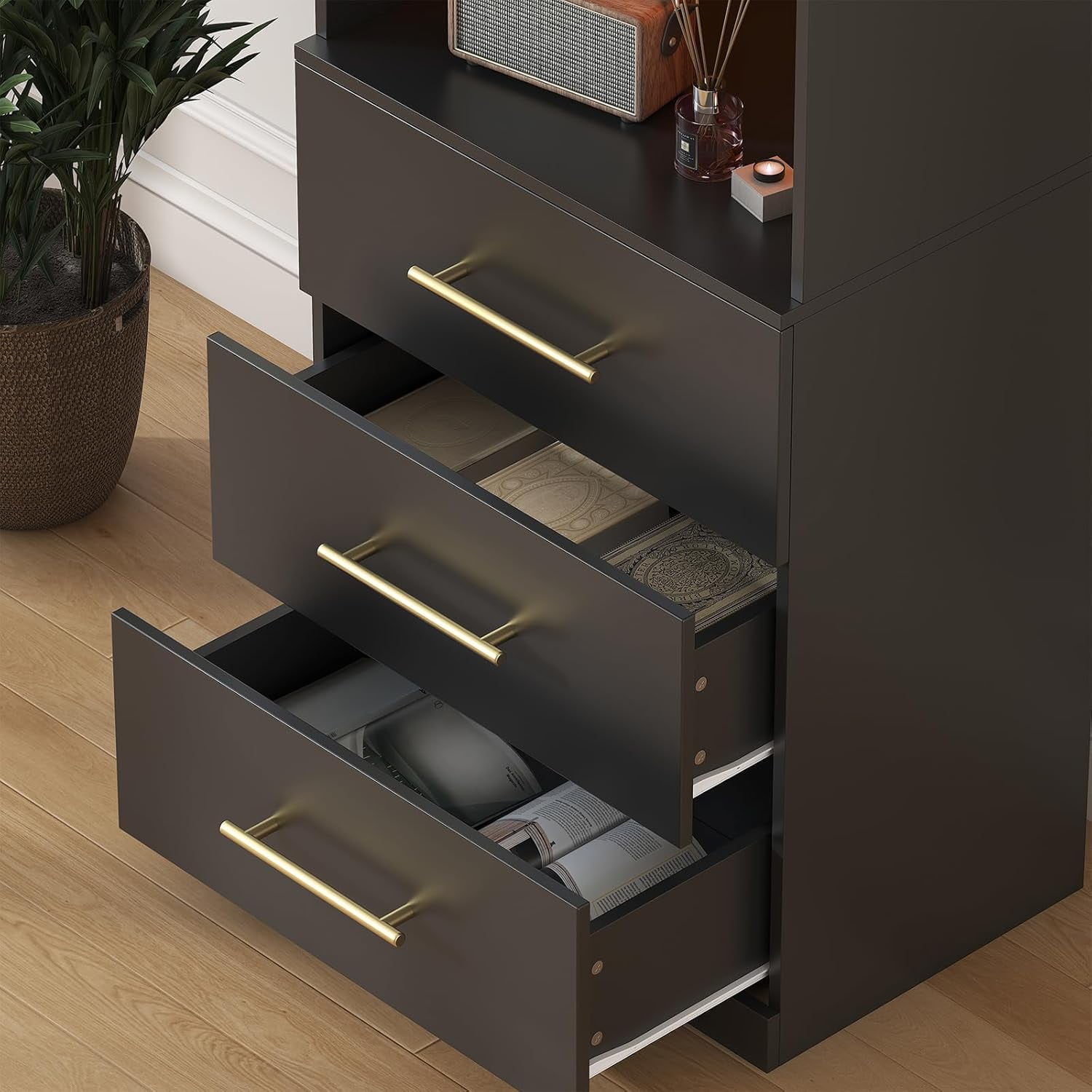Winkalon 71" H Black Bookshelf with Drawers, Bookshelf and Bookcase with 3-Tier Open Shelves, Tall Bookcase Tall Storage Cabinet for Home Office