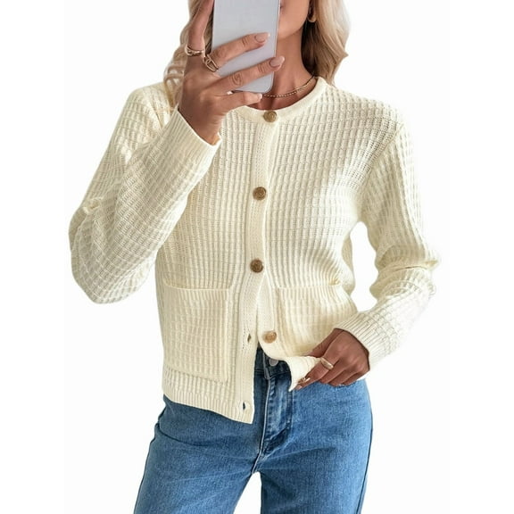 Women Knit Cardigan Sweaters Fall Long Sleeve Open Front Button Down Trendy Casual Jacket Winter Clothes Cream White M