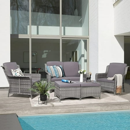 Patio Outdoor Furniture Set 5 Piece Patio Wicker Chair Conversation Set All Weather Patio Sectional Sofa Set Gray