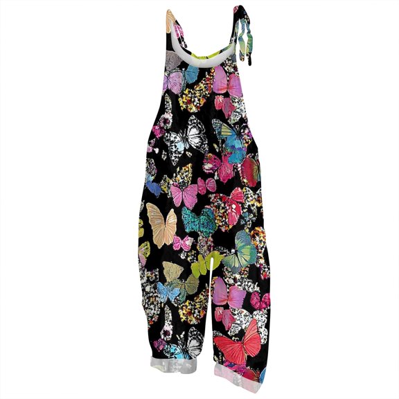 Women's Floral Jumpsuit - Vintage Strappy Cotton Linen Overalls for Summer Casual & Boho Style ,Black,L
