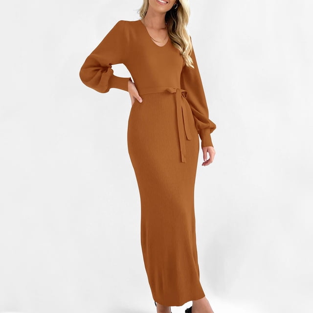 Styesk Robes pour Femmes Robe Chandail Col en V Manches Longues Bouffantes Ajustée Automne Hiver Robe en Tricot Côtelé