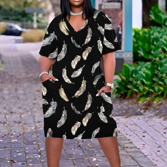 Yotami Summer Casual Dress for Women Midi Dress with Pocket V-Neck Short Sleeve Floral Print Plus Size Dress for Holiday
