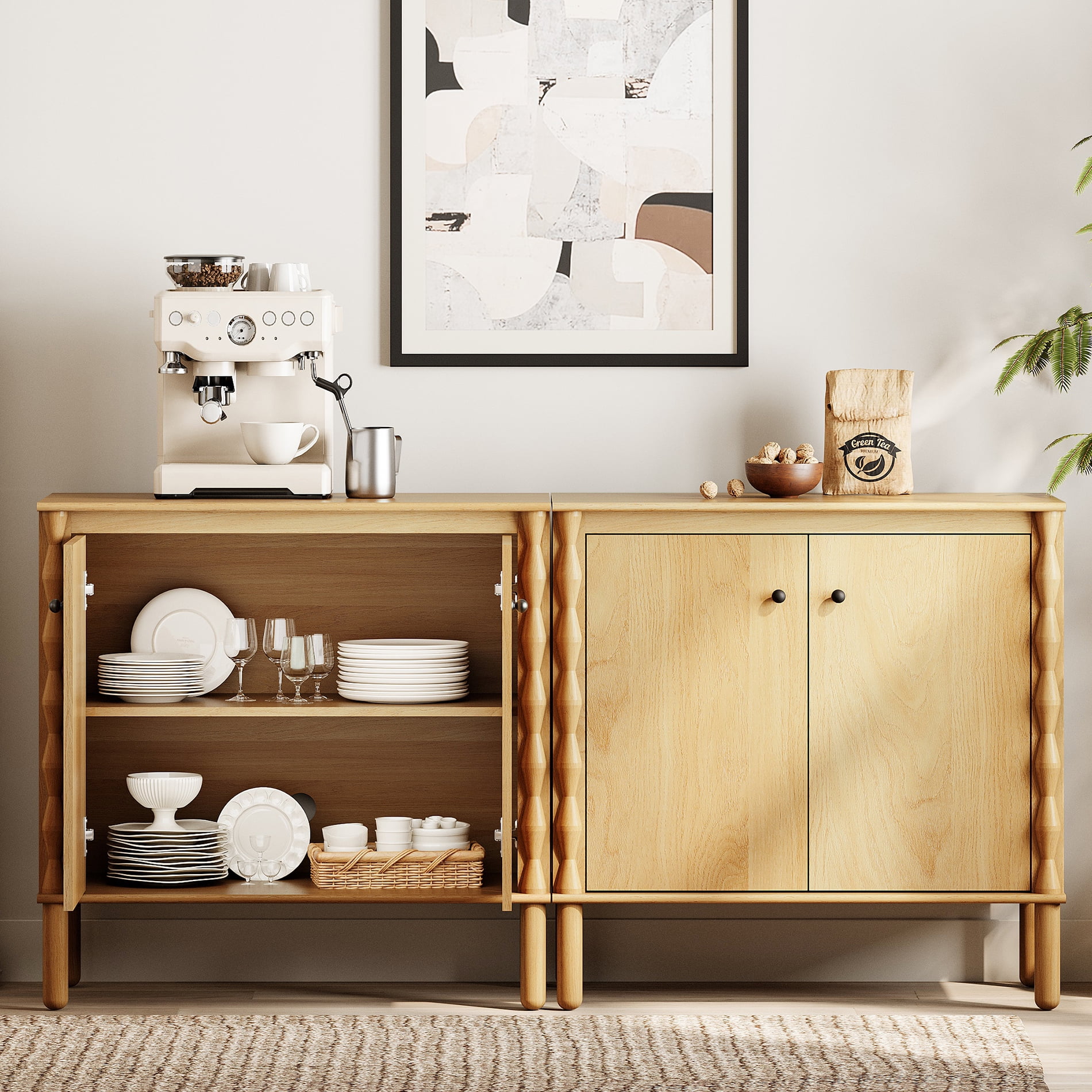 WAMPAT Sideboard with Adjustable Shelf & Soft-Close 4 Doors for Dining Room,Oak