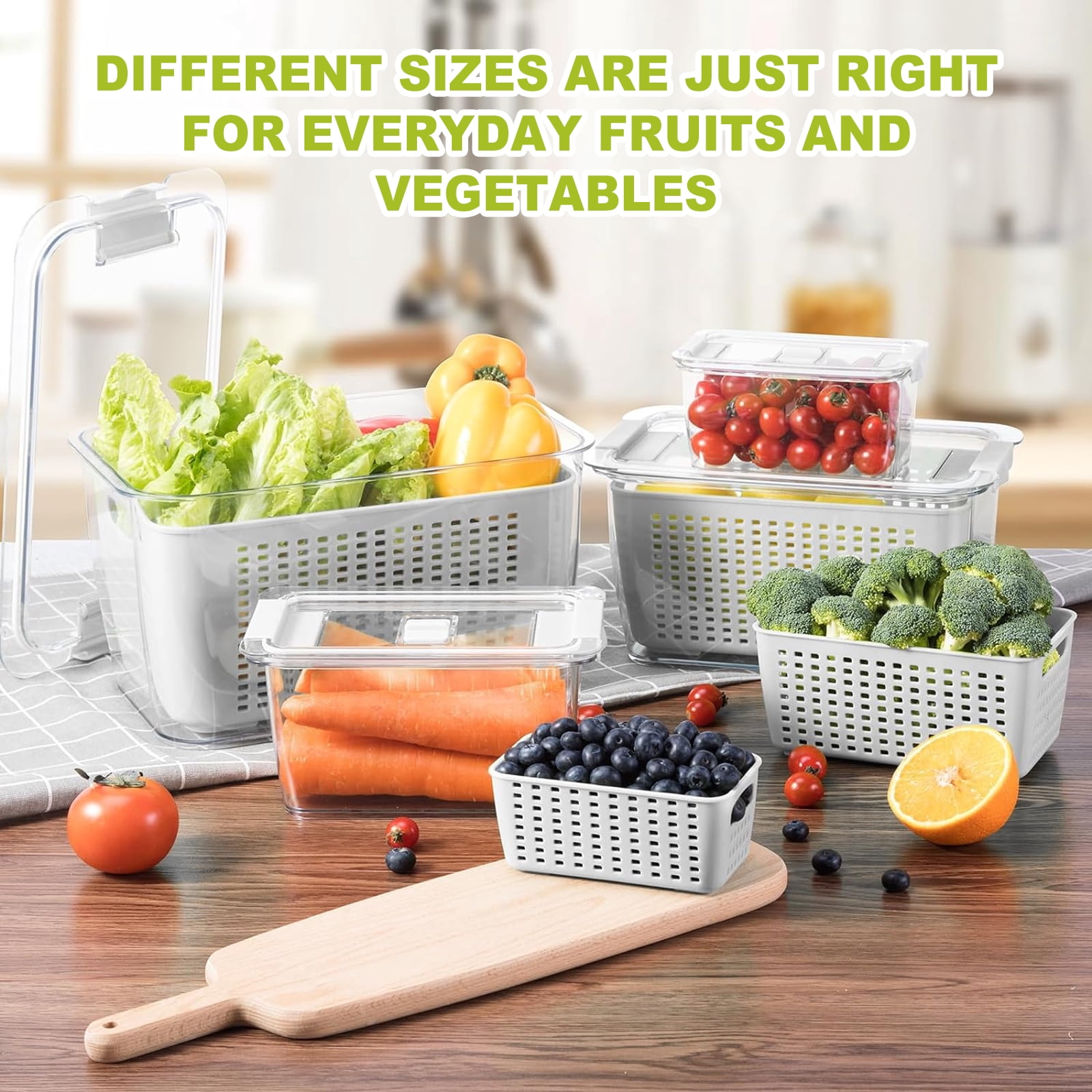LUXEAR 4 Pack Vegetable Storage Containers for Fridge, Fruit Container with Lids &Removable Colander Large Fridge Organizer BPA-free for Fruit Vegetable, Berry, Meat Storage keep Fresh Longer White