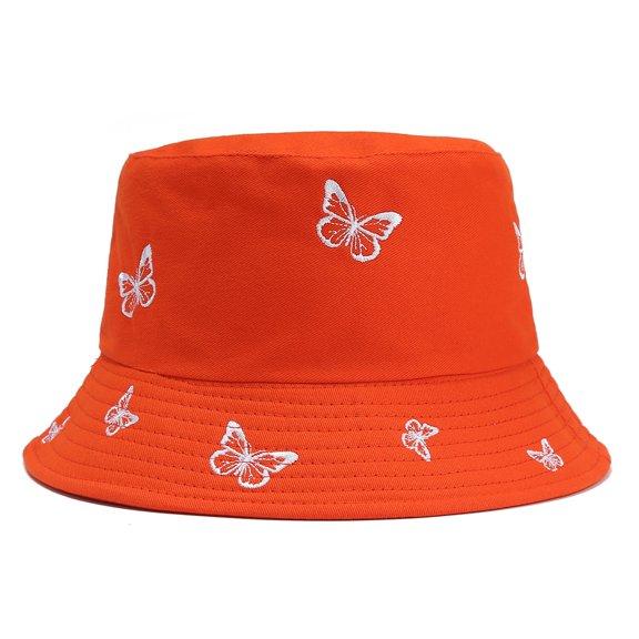 Bucket Hat Breathable Women Butterfly Embroidery Double-sided Fisherman Sun Protection Summer Hats Orange