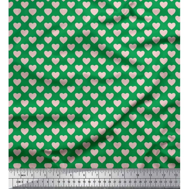 Soimoi Green Poly Georgette Fabric Pink Heart Print Sewing Fabric Yard 52 Inch Wide