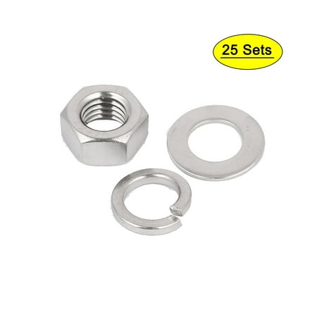 

M6 Thread Diameter 304 Stainless Steel Hex Nut Flat Washer Split Lock 25 Sets