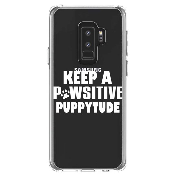 DistinctInk Clear Shockproof Hybrid Case for Samsung Galaxy S9  PLUS (6.2" Screen) - TPU Bumper Acrylic Back Tempered Glass Screen Protector - Keep a PAWsitive PUPPYtude